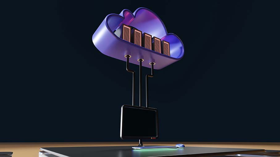 A computer with a cloud hovering above it, symbolizing cloud computing, hosting, and storage.