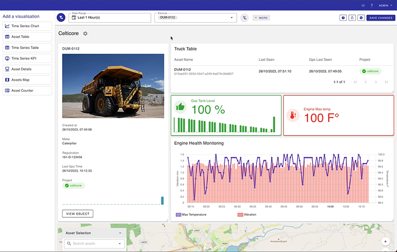 A screenshot of the Davra Platform showing details of a dump truck such as its location on a map.