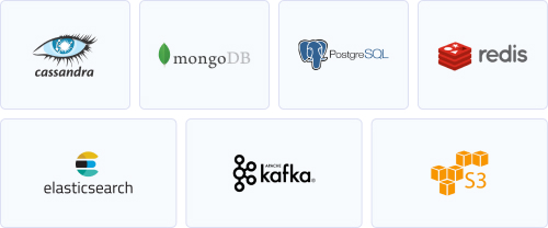 Database logos as one managed block — Cassandra, MongoDB, PostgreSQL, Redis, Elasticsearch, Kafka, S3