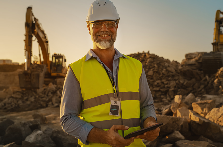 A man in a hard hat and safety vest holding a tablet, inspecting a construction site