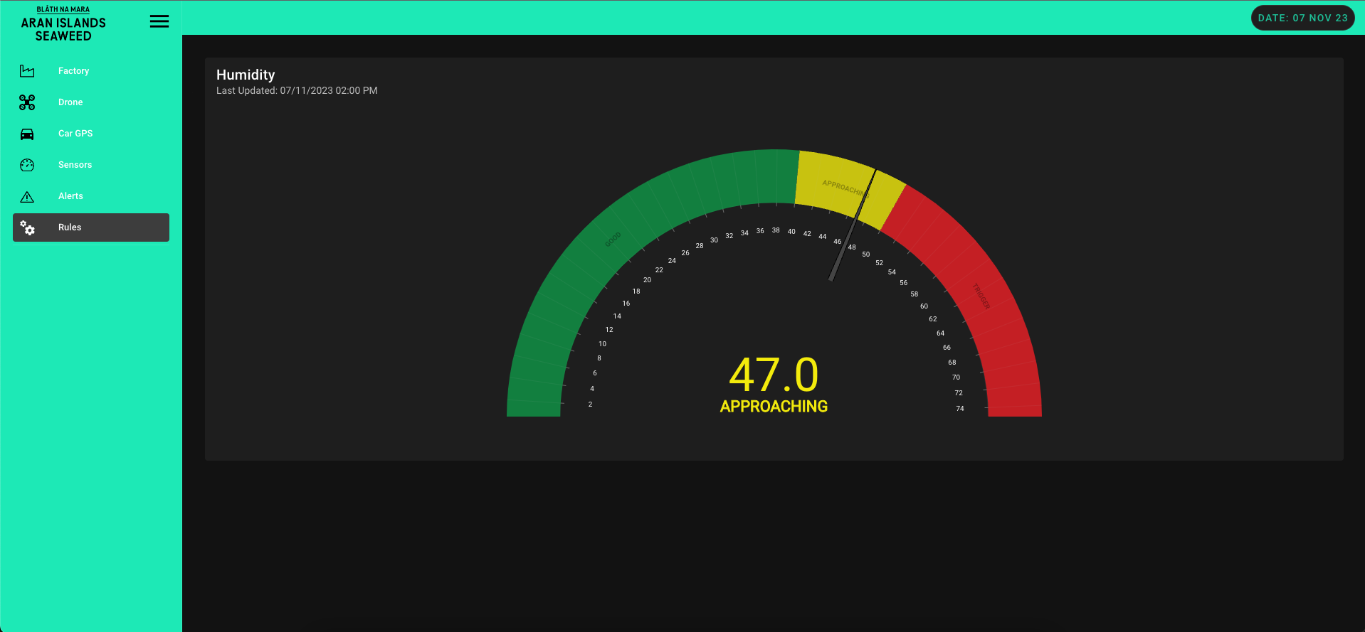A screenshot of the Aran Islands Seaweed IoT app