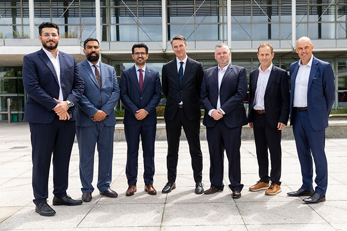 From left: Mohammad Musallam, Strategy & Business Development Specialist at Lumeron, Faisal Alqanatish, CEO of Lumeron, Hamoud Almutairi, Embassy Deputy Head of Mission, Paul Glynn, CEO of Davra, Joe Quinn, CTO of Davra, Niall Bolger, the Irish Delegation to ESA, Liam Davis, CFO of Davra