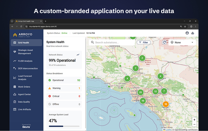 A Rich Application custom-branded for Arroyo Power & Light, an illustrative utility, showing 93 of 94 substations operational on a grid health dashboard with a map of their locations, and carrying a Powered by Davra mark.