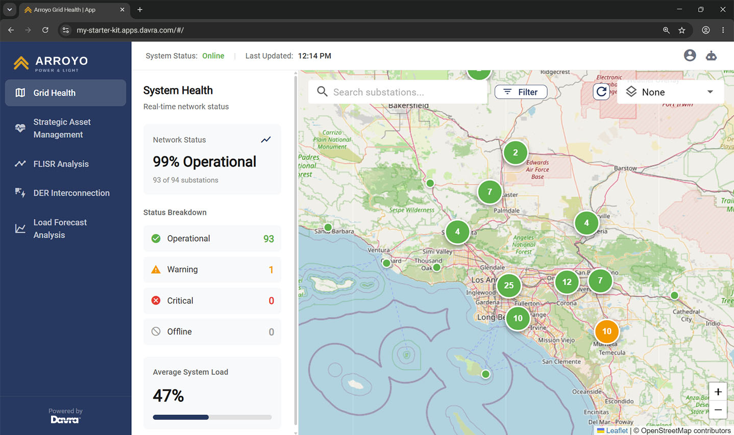 A custom-branded Rich Application showing system health and a map of assets