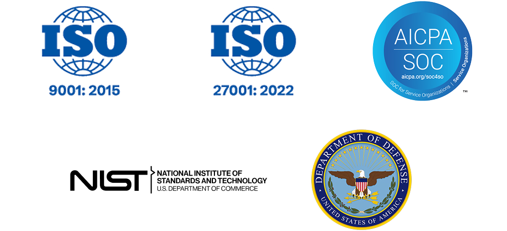 Certification badge wall: ISO 9001:2015, ISO 27001:2022, SOC 2 Type 2, NIST Cybersecurity Framework, and Department of Defence Impact Level 5