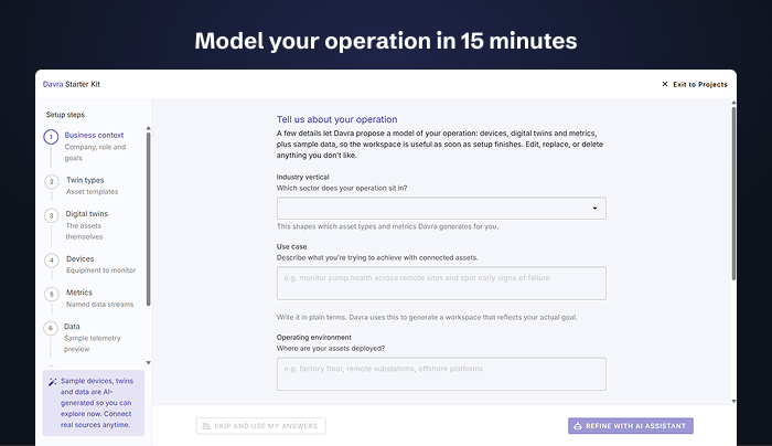 Step one of the Davra Starter Kit setup wizard, asking for industry vertical, use case and operating environment.