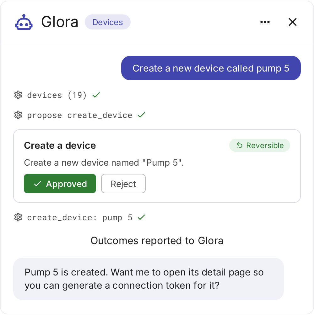 Glora assistant proposing a create_device action that the user approves