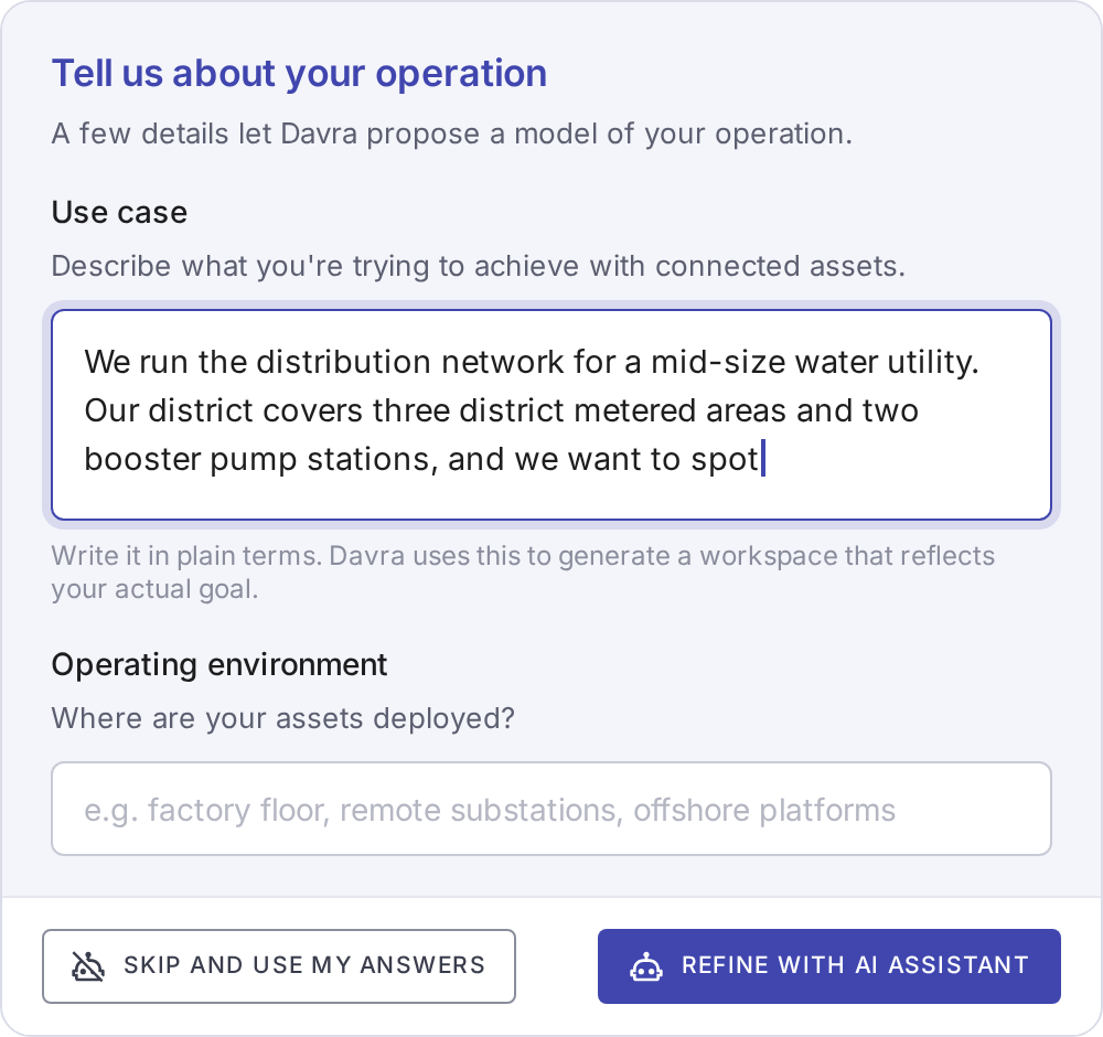 Setup wizard asking 'Tell us about your operation', with a use case describing a water utility's metered areas and booster pump stations