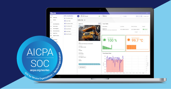 SOC 2 badge displayed alongside a laptop showing the Davra IoT Platform