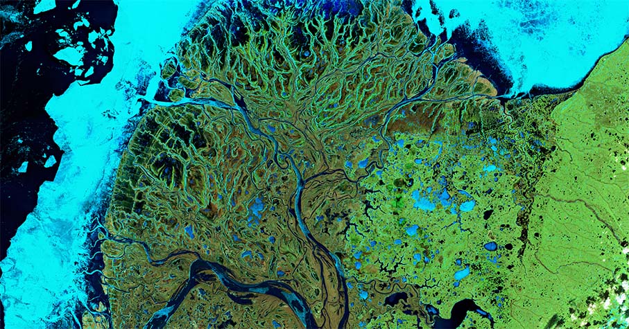 earth observation image of the yukon delta taken with the Copernicus Sentinel-2 satellite.