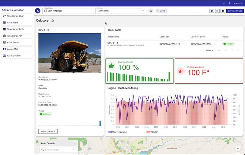 A screenshot of the Dashboards 2.0 feature showing the details of a dump truck such as its location on a map.