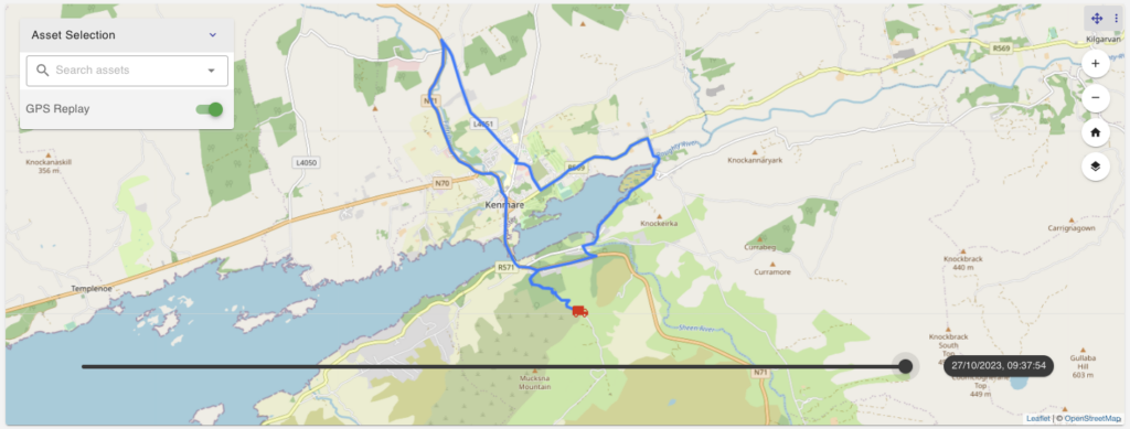 Map on a dashboard showing the location and route taken by a truck